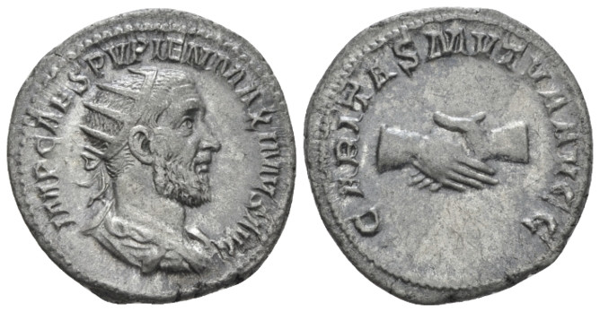 Pupienus, 238 Antoninianus Rome circa 238, AR 21.00 mm., 4.76 g.
Radiate, drape...