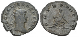 Gallienus, 253-268 Antoninianus Mediolanum circa 259, billon 20.00 mm., 4.13 g.
Radiate head r. Rev. Gallienus seated l. on curule chair, holding glo...