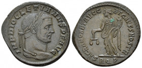 Diocletian, 284-305 Follis Aquileia circa 300, Æ 27.00 mm., 9.29 g.
Laureate head r. Rev. Moneta standing l., holding scales and cornucopiae; in exer...