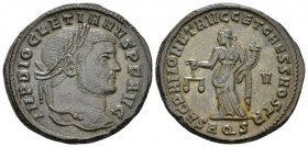 Diocletian, 284-305 Follis Aquileia circa 301, Æ 27.00 mm., 11.45 g.
Laureate head r. Rev. Moneta standing l., holding scales and cornucopiae; in r. ...