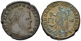 Maximianus Herculius, first reign 286-305 Follis Aquileia circa 304-305, Æ 27.00 mm., 10.22 g.
Laureate head r. Rev. Aequitas standing l., holding sc...