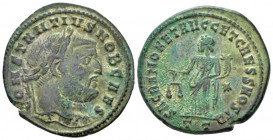 Constantius caesar, 293-305 Follis Ticinum circa 304-305, Æ 27.00 mm., 9.66 g.
Laureate head r. Rev. Aequitas standing l., holding scales and cornuco...