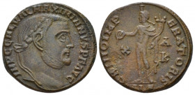 Galerius Maximianus, 305-311 Follis Alexandria 308, Æ 23.00 mm., 6.18 g.
Laureate head r. Rev. Genius standing l., holding patera and cornucopiae: in...