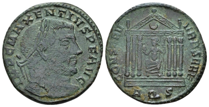 Maxentius, 306-312 Follis Aquileia late summer 307, Æ 24.00 mm., 5.88 g.
 Laure...