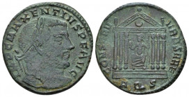 Maxentius, 306-312 Follis Aquileia late summer 307, Æ 24.00 mm., 5.88 g.
 Laureate head r. Rev. Roma seated facing within hexastyle temple; in exergu...