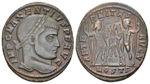 Maxentius, 306-312 Follis Ostia late 309 to October 312, Æ 25.00 mm., 6.52 g.
L...