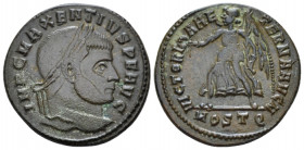 Maxentius, 306-312 Follis Ostia 312, Æ 24.00 mm., 6.43 g.
Laureate head r. Rev. Victory advancing l., holding wreath and palm branch. C 112. RIC 54....