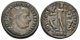 Licinius, 308-324 Follis Nicomedia circa 321-324, Æ 19.00 mm., 3.15 g.
Radiate, draped and cuirassed bust r. Rev. Jupiter standing l., holding Victor...