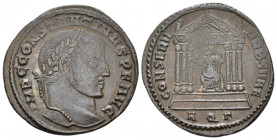 Constantine I, 307-337 Follis Aquileia circa 307-310, Æ 25.00 mm., 6.19 g.
Laureate head r. Rev. Hexastyle temple containing statue of Roma seated fa...