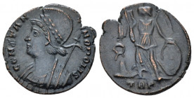 Constantine I, 307-337 Follis Treviri circa 333-334, Æ 17.00 mm., 2.05 g.
Laureate and helmeted bust of Constantinople l., wearing Imperial cloak, ho...