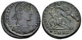 Constantius II, 337-361 AE2 Cyzicus circa 351-354, Æ 23.00 mm., 6.98 g.
Pearl-diademed, draped, and cuirassed bust r. Rev. Soldier standing l., holdi...