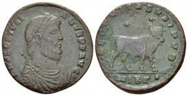Julian II, 360-363 AE2 Nicomedia corca 361-363, Æ 28.00 mm., 7.89 g.
Pearl-diademed, draped and cuirassed bust r. Rev. Bull standing r.; above, two s...