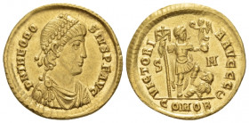Theodosius I, 379-395 Solidus Uncertain military mint circa 393-395, AV 19.00 mm., 4.43 g.
Pearl-diademed, draped and cuirassed bust r. Rev. Emperor ...