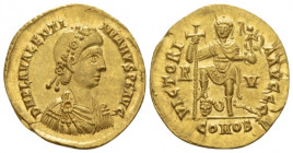 Valentinian III, 425-455 Solidus Ravenna circa 426-420, AV , 
Rosette-diademed, draped and cuirassed bust r. Rev. Emperor standing facing, holding lo...
