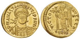 Anastasius, 491 – 518 Solidus Constantinople circa 491-498, AV 20.00 mm., 4.36 g.
Helmeted, pearl-diademed and cuirassed bust facing three-quarters r...