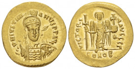 Justinian I, 1 August 527 – 14 November 565 Solidus Constantinople circa 527-538, AV 21.00 mm., 4.49 g.
Helmeted, pearl-diademed and cuirassed bust t...