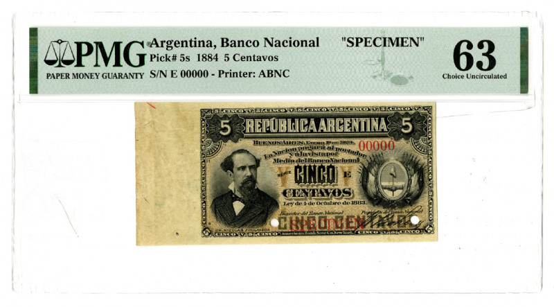 Argentina, 1884. Banco Nacional, 5 Centavos, P-5s, Specimen Banknote. Black on b...