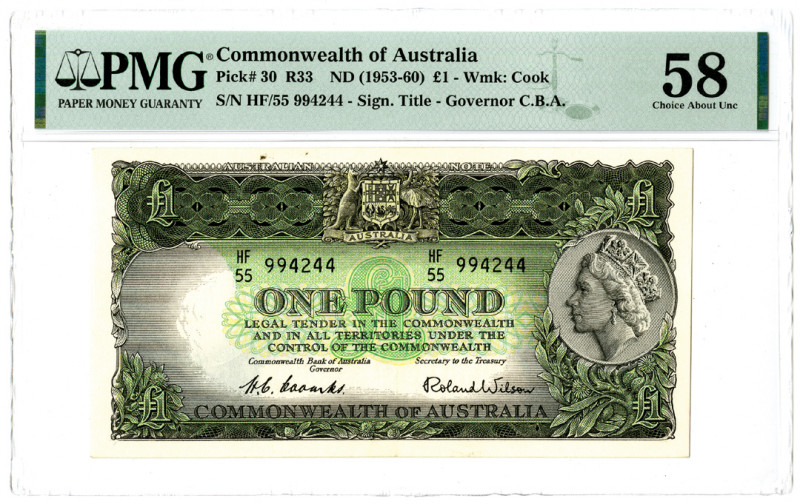 Australia. ND (1953-60). 1 Pound, P-30, R33, Issued Banknote. Dark green on m/c ...