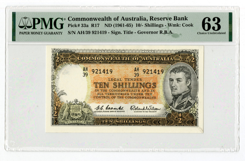 Australia. ND (1961-65). 10/- Shillings, P-33a R17, Issued banknote, Brown on or...