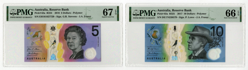 Australia, 2016-17. Lot of 2 Issued Polymer Banknotes, Includes: $5, P-62a, R224...
