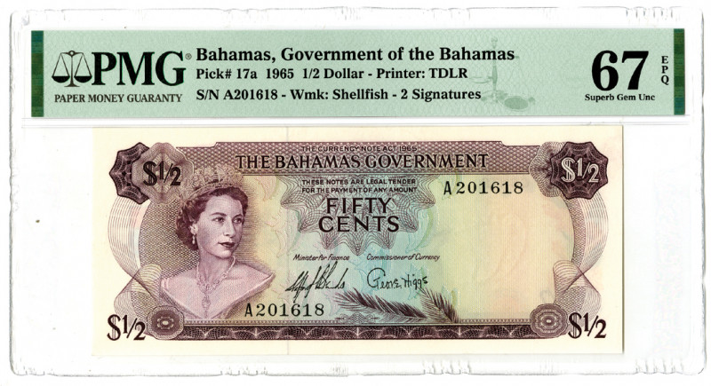 Bahamas. 1965. 1/2 Dollar, P-17a, issued banknote, Purple on m/c, Queen Elizabet...