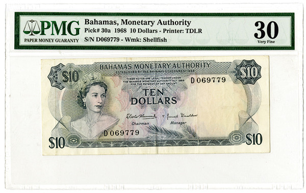 Bahamas, 1968, $10, P-30a, Issued. Queen Elizabeth at left, S/N D069779, PMG gra...