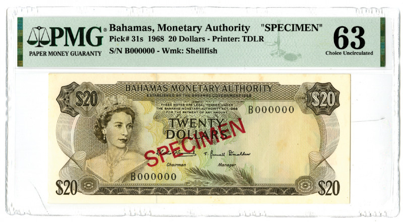Bahamas. 1968. 20 Dollars, P-31s, specimen banknote, s/n B000000, overprinted "S...