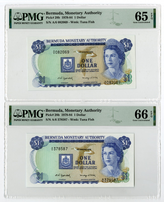 Bermuda. 1978-84. Lot of 2 Issued banknotes, both are 1 Dollar, P-28b, Blue on m...