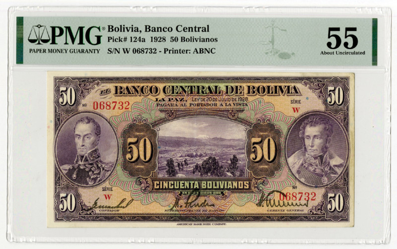 Bolivia, 1928. 50 Bolivianos, P-124a, Issued Banknote. Purple and m/c underprint...