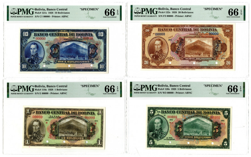 Bolivia, 1928. Banco Central de Bolivia, Lot of 4 Specimen Banknotes, all are PM...