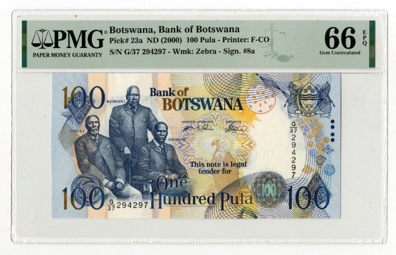 Botswana. ND (2000). 100 Pula, P-23a, Issued banknote, Blue and yellow and multi...