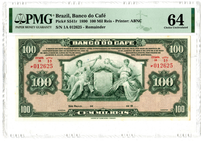 Brazil, 1890. 100 Mil Reis, P-S541r, Remainder Banknote. Green on lilac underpri...
