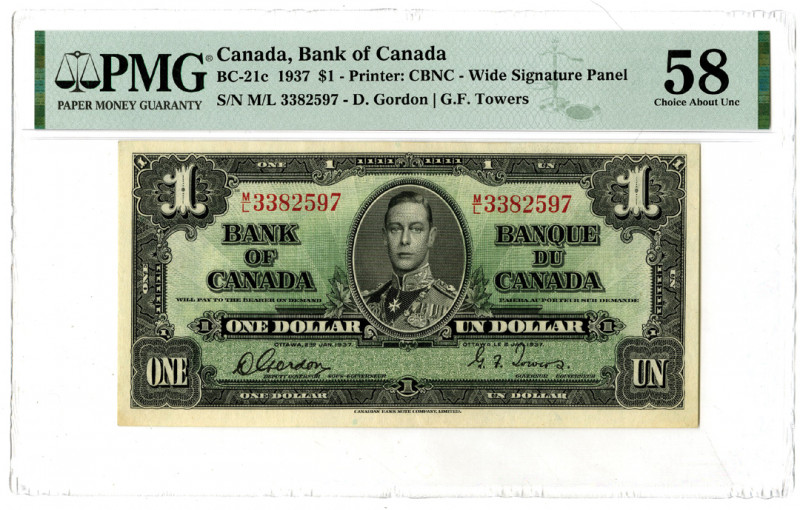 Canada, 1937. Bank of Canada, $1, P-58d BC-21c, Issued Banknote. Black on green ...