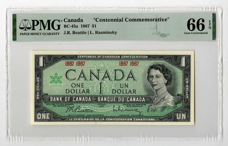 Canada, 1967. $1, P-84a BC-45a, Issued Banknote. Black on green underprint with ...