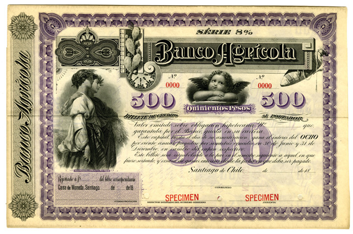 Santiago, Chile, 18xx, (ca.1880-90), 500 Pesos, 8% Issued Coupon Bond, Black on ...