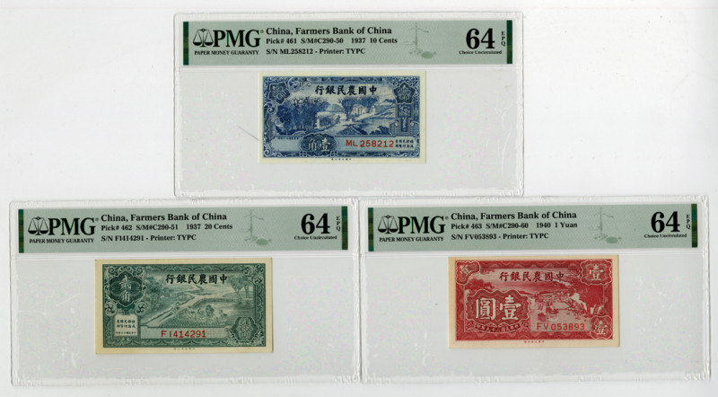 China. 1937. 10 Cents, 20 Cents, and 1 Yuan, P-461; 462; 464, issued banknote tr...