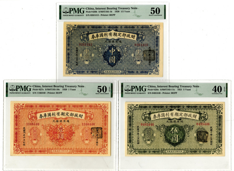China. 1920-21. Lot of 3 Issued banknotes, Includes: 1920, 1/2 Yuan, P-626b S/M#...