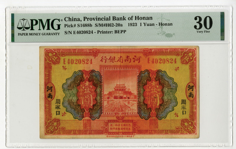 China. 1923. 1 Yuan - Honan, P-S1688b S/M#H62-20a, Issued banknote, Red and mult...
