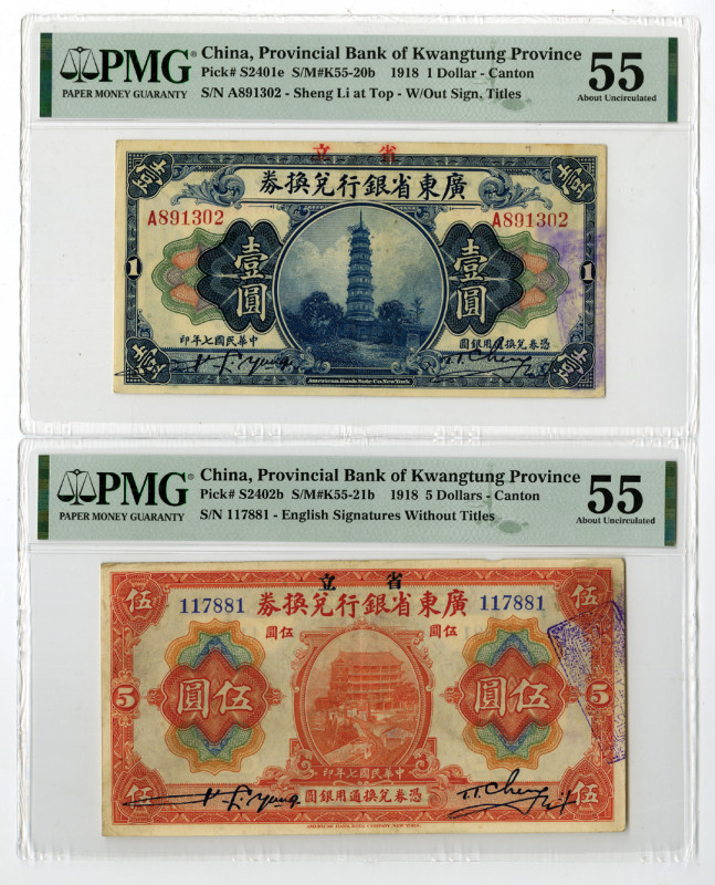 China. 1918. 2 Issued banknotes: 1 Dollar - Canton, P-S2401e S/M#K55-20b, Blue o...