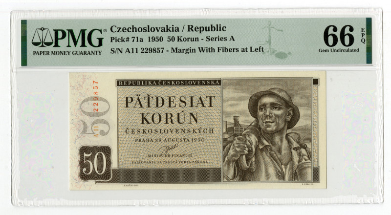 Czechoslovakia. 1950. 50 Korun, P-71a, issued banknote, PMG Graded Gem Uncircula...