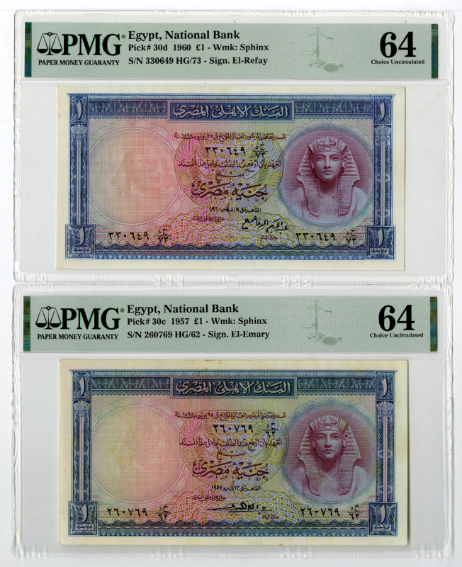 Egypt. 1957-60. Lot of 2 Issued banknotes: 1 Pound, P-30d, Blue on multicolor un...