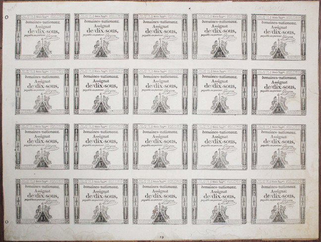 France...., 1792. Uncut Sheet of 20 banknotes, all the same: 10 Sous, Serie 349,...
