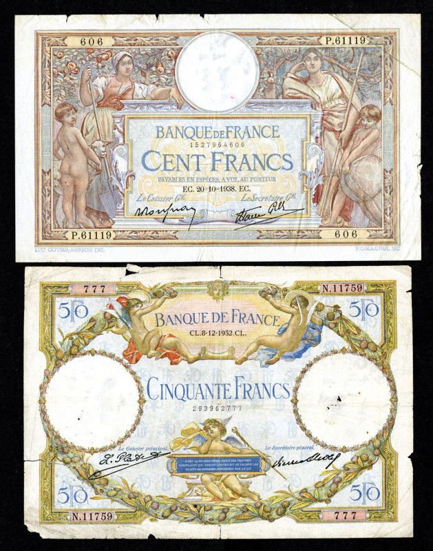 France. Lot of 2 banknotes, Includes: 50 and 100 France. P-80a and 86b. Nice lar...