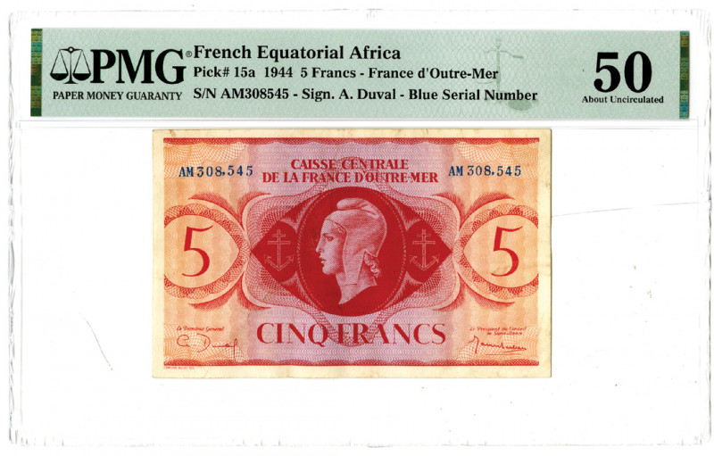 French Equatorial Africa, 1944. 5 Francs, P-15a, Issued Banknote. Red with portr...