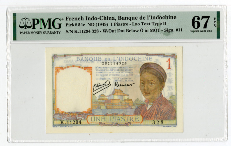 French Indo-China. ND (1949). 1 Piastre, P-54e, issued banknote, Lao Text Type I...