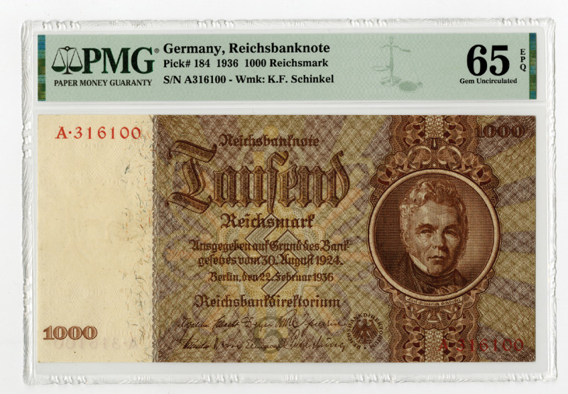 Germany... 1936. 1000 Reichsmark, P-184, Issued banknote, Brown on face, S/N A31...