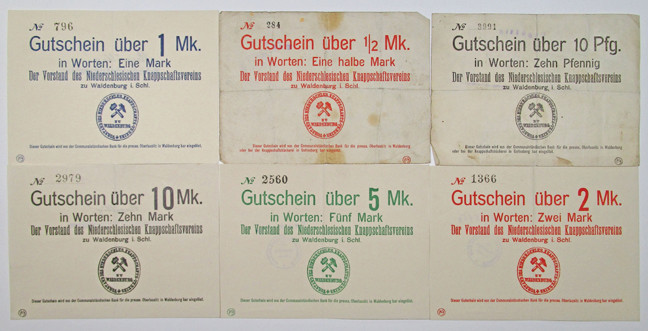Waldenburg, Germany. ND (ca.1918-23). Lot of 6 Issued Mining Scrip notes. Includ...