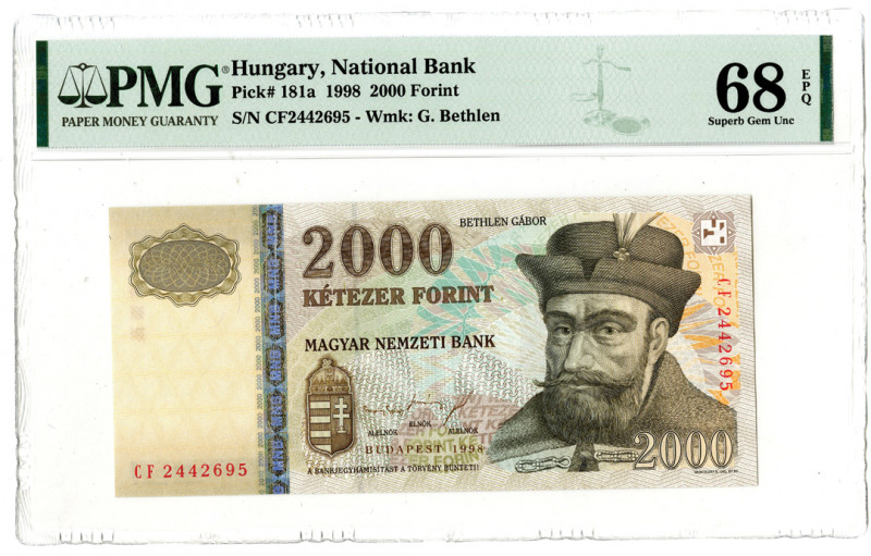 Hungary. 1998. 2000 Forint, P-181a, Issued banknote, Brown on multicolor underpr...