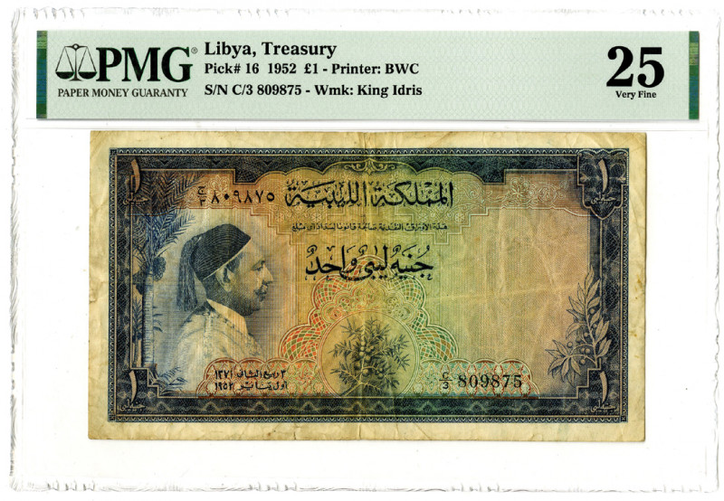 Libya. 1952. 1 Pound, P-16, Issued banknote, Blue, S/N C/3 809875, Watermark: Ki...