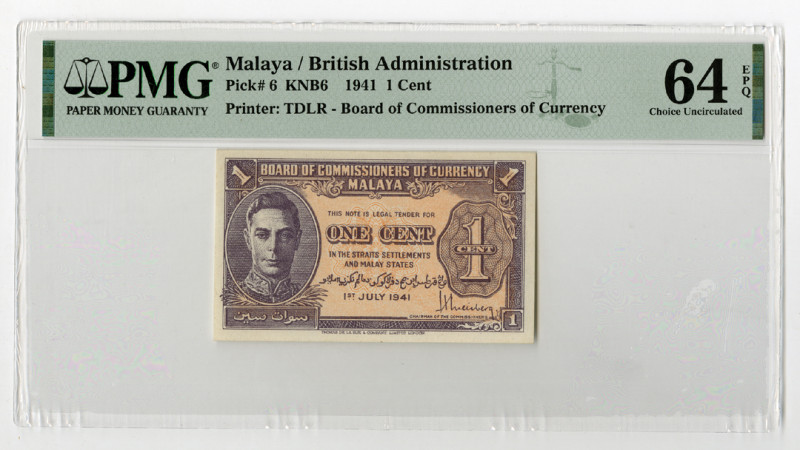 Malaya/British Administration. 1941. 1 Cent, P-6 KNB6, Issued banknote, Lavender...